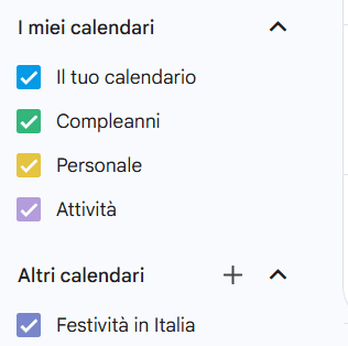 La colonna di sinistra di Google Calendar: accanto alla voce «Altri calendari» c'è il pulsante + da premere.