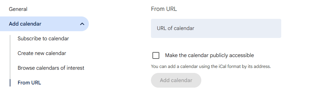 The Google Calendar Settings screen on «From URL»: the «Add calendar» menu on the left, the «URL of calendar» field and the «Add calendar» button on the right.